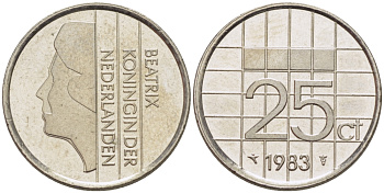 НИДЕРЛАНДЫ 25 ЦЕНТОВ 1983 БЕАТРИКС KM 204 никель 66-1214
