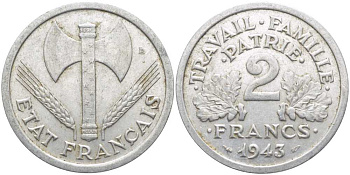 Франция 2 франка 1943 правительство Виши KM 904.1, LE FRANC 270.2 алюминий 109-1223