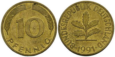 ФРГ 10 пфеннигов 1991 G KM 108 сталь плакированная латунью 4167-857