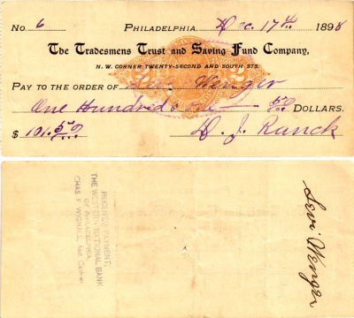США чек на 101,50 долларов 1898 Филадельфия бумага 2196-17-1-2