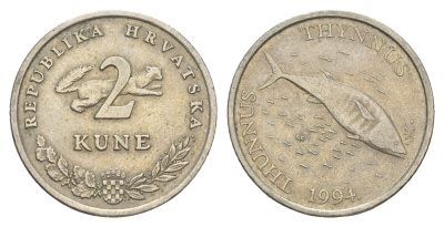 Хорватия 2 куны 1994 Голубой тунец KM 21 медь цинк никель 4573-534