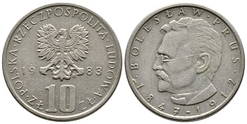 ПОЛЬША 10 ЗЛОТЫХ 1983 MW, БОЛЕСЛАВ ПРУС KM 73 медно-никель 93-1146