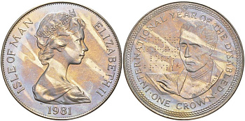 Остров Мэн 1 крона 1981 Международный год инвалидов, Луи Брайль KM 77 медно-никель UNC 118-1213