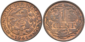 Нидерланды 1 цент 1941 Вильгельмина (1890-1948) KM 152 бронза 4592-853