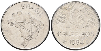 Бразилия 10 крузейро 1984 карта Бразилии KM 592.1 нержавеющая сталь 87-546