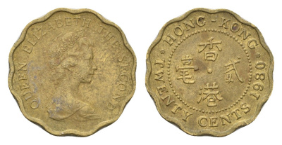 Гонконг 20 центов 1980 KM 36 никель латунь 4674-865