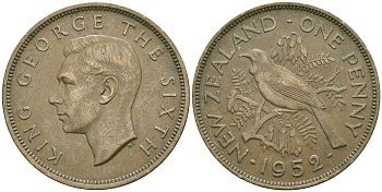 Новая Зеландия 1 пенни 1952 птица туи, король Георг VI (1937 - 1952) KM 21 бронза 4120-115