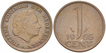 НИДЕРЛАНДЫ 1 ЦЕНТ 1966 ЮЛИАНА KM 180 бронза 3457-1216
