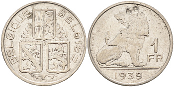 Бельгия 1 франк 1939 Леопольд III (1934-1950), Belgique-Belgie, лев KM 119 никель 4589-811