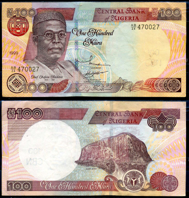 Нигерия 100 найра 1999 Обафеми Аволово, гора Зума Ро Pick 28 b бумага 8592-42-3-2