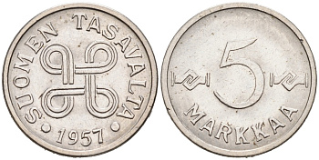 Финляндия 5 марок 1957 KM 37a никелированное железо 192-1135