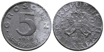 АВСТРИЯ 5 ГРОШЕЙ 1972 KM 2875 цинк 57-1317