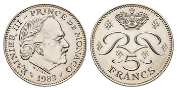 Монако 5 франков 1982 Ренье III (1949-2005) KM 150 медь плакированная никелем UNC 4660-937