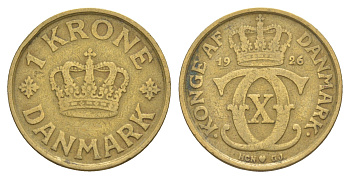 Дания 1 крона 1926 HCN, Кристиан X (1912-1947) KM 824 алюминиевая бронза 4638-644