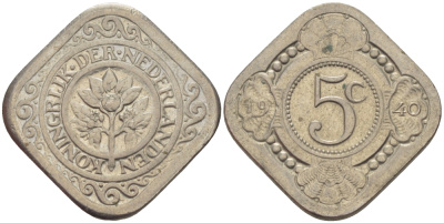 НИДЕРЛАНДЫ 5 ЦЕНТОВ 1940 KM 153 медно-никель 66-1216