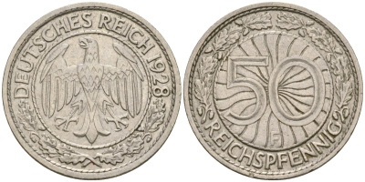 Германия 50 рейхспфеннигов 1928 F KM 49, J. 324 никель 4588-1224