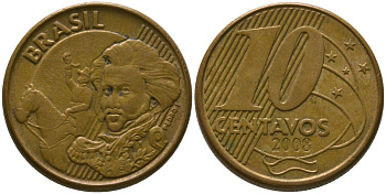 Бразилия 10 сентаво 2008 KM 649, Schon 157 сталь плакированная бронзой 4523-914