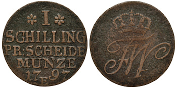 Польша, Восточная Пруссия 1 шиллинг 1797 Е, Фридрих Вильгельм II Прусский (1786-1797), вес 2,58 гр. KM 50, Olding 23, Jaeger 18a медь 1516-1112