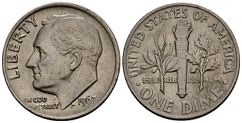 США 10 центов (дайм) 1967 Рузвельт KM 195a медь плакированная медно-никелем 4164-933