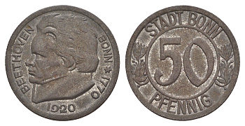 Бонн 50 пфеннигов 1920 Северный Рейн-Вестфалия Funck 51.3A, Men05 3220.5, Men18 4134.5 железо aUNC 4642-512