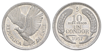 Чили 10 песо 1957 KM 181 алюминий BU 1527-1233