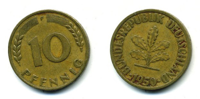 ФРГ 10 ПФЕННИГОВ 1950 F KM 108, J 383 сталь плакированная латунью 25-1736