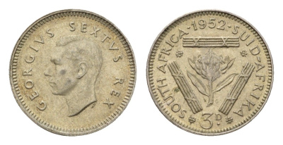 ЮАР 3 пенса 1952 Георг VI (1936-1952) KM 35.2 серебро 4549-942