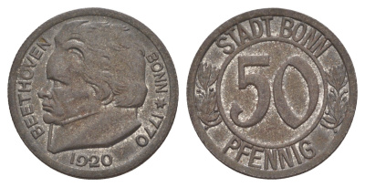 Бонн 50 пфеннигов 1920 Северный Рейн-Вестфалия Funck 51.3A, Men05 3220.5, Men18 4134.5 железо aUNC 4642-512