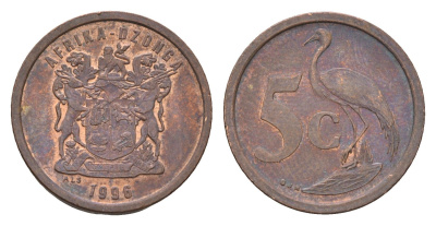 ЮАР 5 центов 1996 герб, райский журавль KM 160 сталь плакированная медью 4674-925