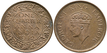 Британская Индия 1/4 анна 1942 Георг VI (1937-1952) KM 531 бронза aUNC 93-755