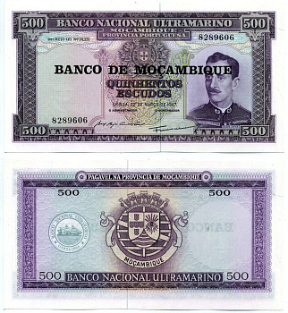 Мозамбик 500 эскудо 1976 НАДПЕЧАТКА НА БАНКНОТЕ 22 марта 1967 Pick 118а бумага UNC (пресс) 7457-42-3-2