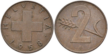 Швейцария 2 раппена 1958 В KM 47 бронза 4591-1227