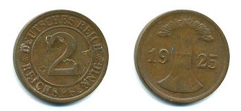 ГЕРМАНИЯ 2 РЕЙХСПФЕННИГА 1925 G KM 38, J. 314 бронза 46-1753