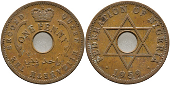 Нигерия 1 пенни 1959 Елизавета II (1952-), Британский протекторат KM 2 бронза 51-2342