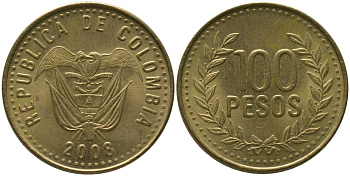 Колумбия 100 песо 2008 KM 285.2, Restrepo 445.9 латунь 4539-121