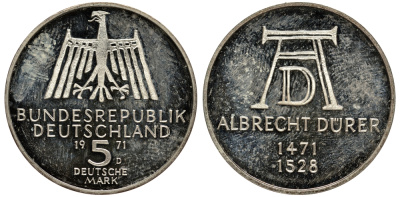 ФРГ 5 марок 1971 D, 500 лет со дня рождения Альбрехта Дюрера KM 129, J. 410 серебро PROOF 413-3033