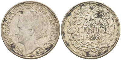 Нидерланды 25 центов 1928 Вильгельмина (1890-1948) KM 164 серебро 4548-847