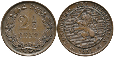 НИДЕРЛАНДЫ 2 1/2 ЦЕНТА 1881 KM 108 бронза 28-937
