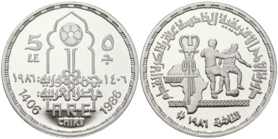 Египет 5 фунтов 1986 АН1406, кубок Африки по футболу, игроки KM 590 серебро  PROOF  11-282-33
