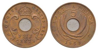 Британская Восточная Африка 5 центов 1952 Георг VI (1936-1952) KM 33 бронза 4626-721
