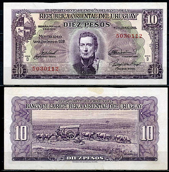 Уругвай 10 песо 1939 Хосе Хервасио Артигас, памятник повозке, Монтевидео, серия D Pick 37 d  бумага  aUNC 444-102-3-2