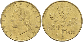 ИТАЛИЯ 20 ЛИР 1973 R, ДУБОВЫЕ ЛИСТЬЯ KM 97.2 алюминиевая бронза 4519-654