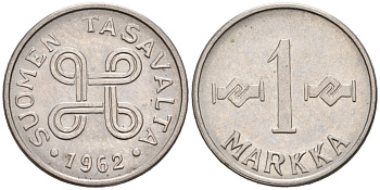 ФИНЛЯНДИЯ 1 МАРКА 1962 KM 38а железо плакированное никелем 192-1219
