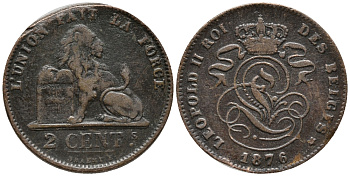 Бельгия 2 сантима 1876 Belges, Леопольд II (1865-1909) KM 35.1 медь 34-1116