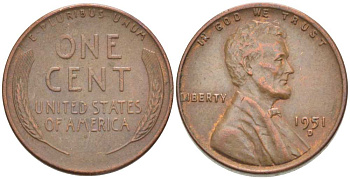 США 1 ЦЕНТ 1951 D, ЛИНКОЛЬН KM А132 медь цинк 218-554