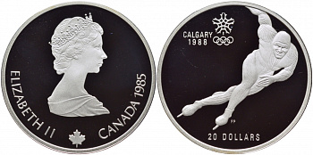 Канада 20 долларов 1985 XV зимние Олимпийские игры в Калгари 1988 года, конькобежец KM 146 серебро PROOF 04-102-32