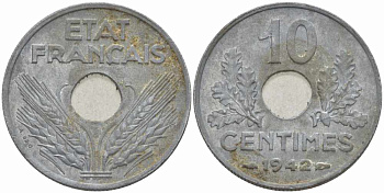 ФРАНЦИЯ 10 САНТИМОВ 1942 ДИАМЕТР 21,3 ММ., ПРАВИТЕЛЬСТВО ВИШИ KM 898.2, LE FRANC 141.3 цинк 108-242