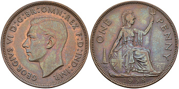 Великобритания 1 пенни 1938 Георг VI (1936-1952) KM 845, Spink 4114 бронза 4117-834