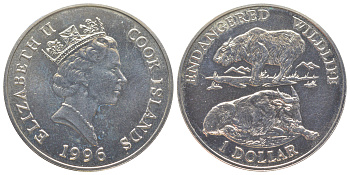 Острова Кука 1 доллар 1996 Вымирающие виды - Сычуаньский такин KM 353 медно-никель BU 1525-1133