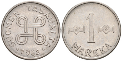 ФИНЛЯНДИЯ 1 МАРКА 1962 KM 38а железо плакированное никелем 192-1219